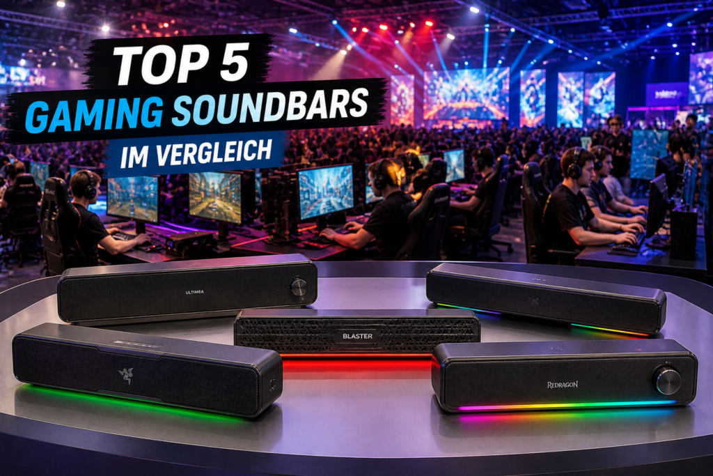 Top 5 Gaming Soundbars im Vergleich mit Gamern in einer großen Gaming Halle beim Sound testen