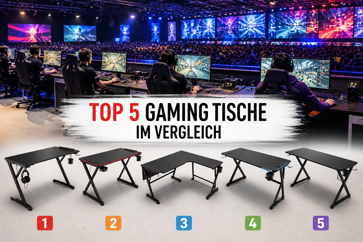 Top 5 Gaming Tische im Vergleich mit Gamern bei einem Turnier in großer Gaming Halle