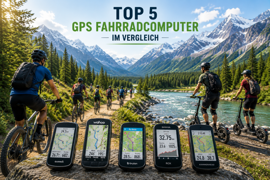 Top 5 GPS Fahrradcomputer im Vergleich bei Outdoor Tour mit Bikern und Offroad E-Scootern in den Bergen