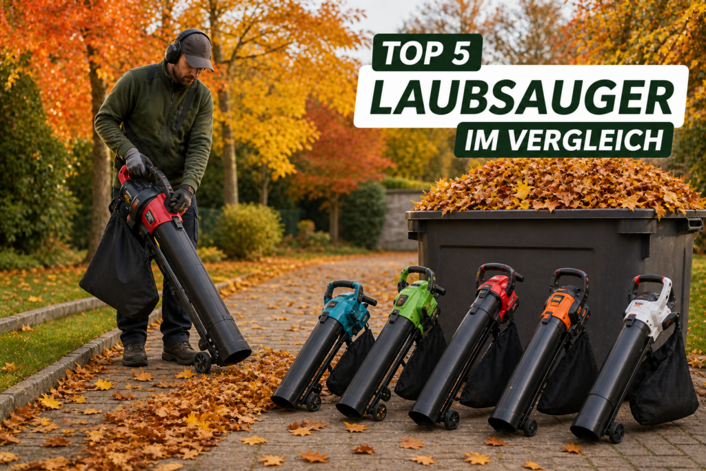 Person saugt Laub vom Gehweg mit Laubsauger im Herbst mit vollem Fangsack und bunten Bäumen im Hintergrund