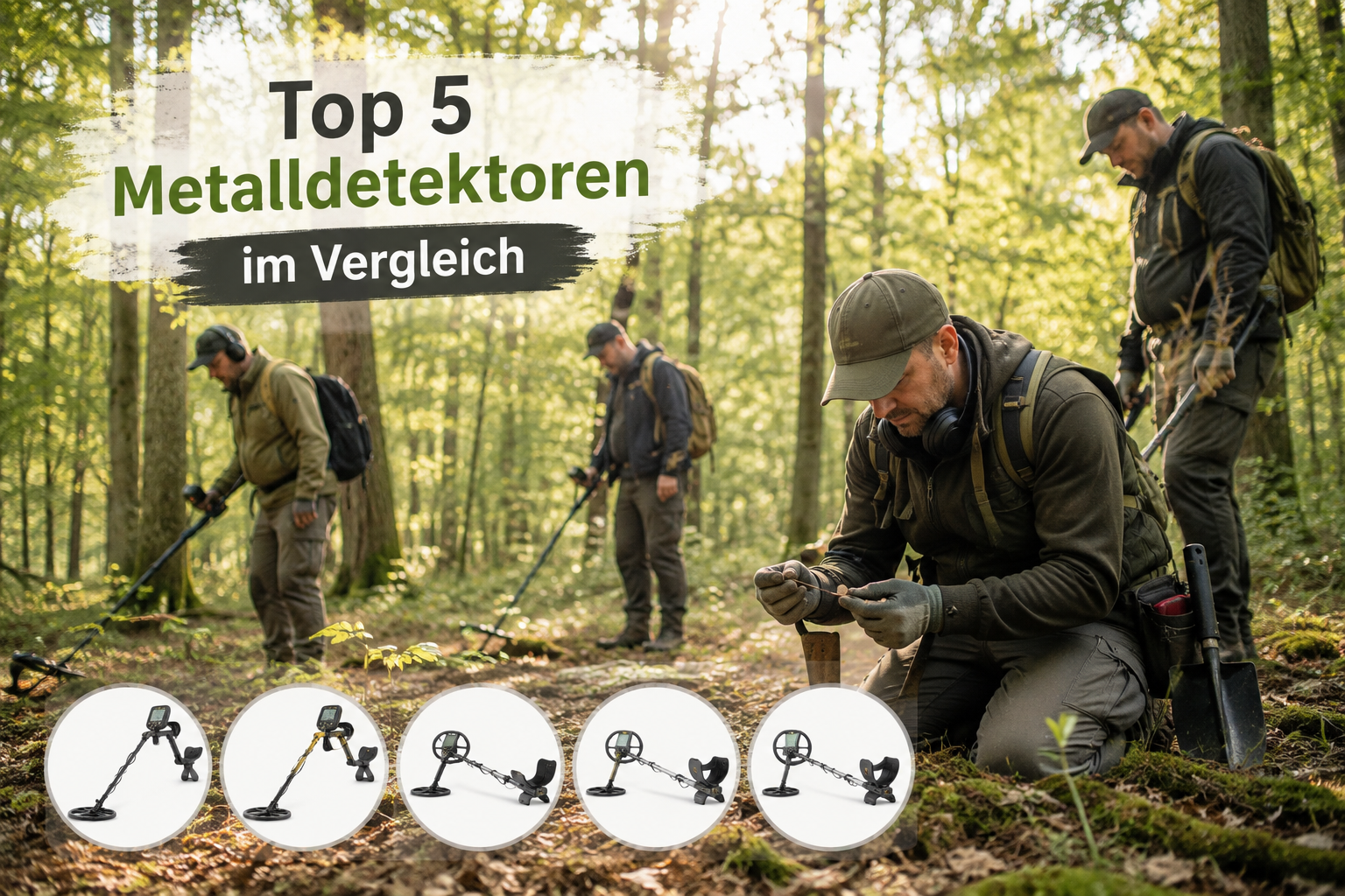 Mehrere Schatzsucher mit Metalldetektoren im Wald bei der Schatzsuche mit Top 5 Metalldetektoren im Vergleich Schriftzug