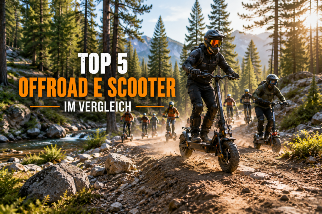 Offroad E-Scooter Fahrer auf Waldwegen im Gelände bei Outdoor Tour