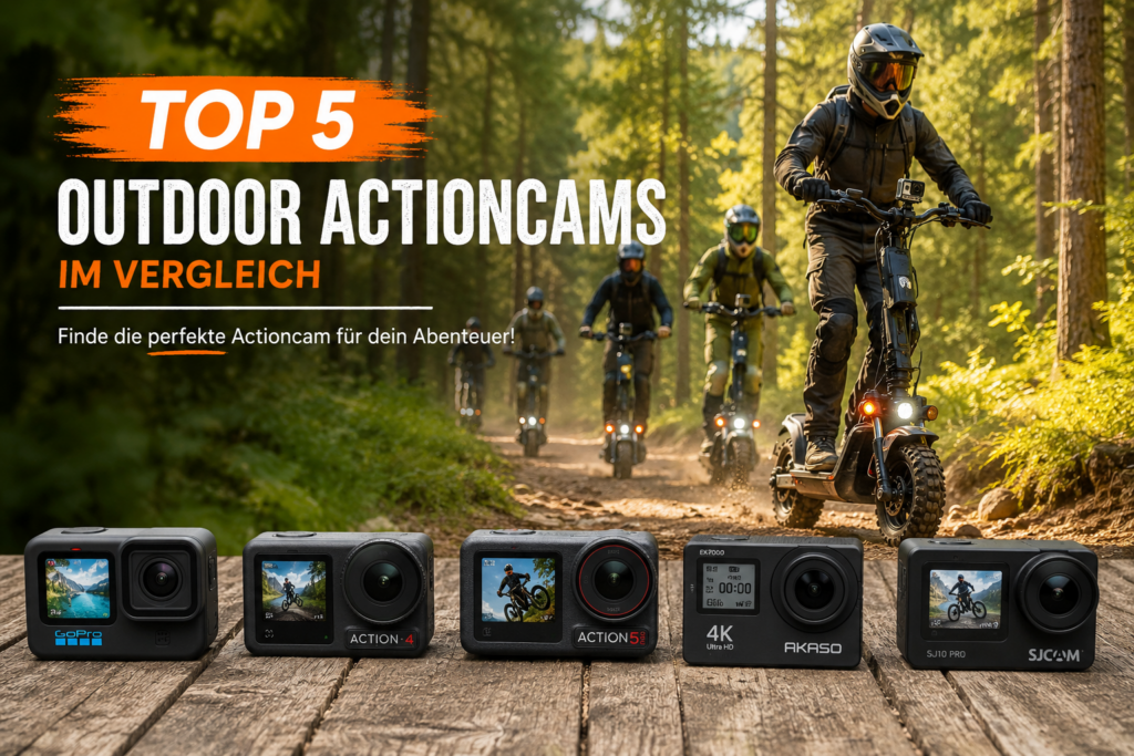 Offroad Fahrer mit Outdoor Actioncams auf Scootern im Wald bei einer Outdoor Tour