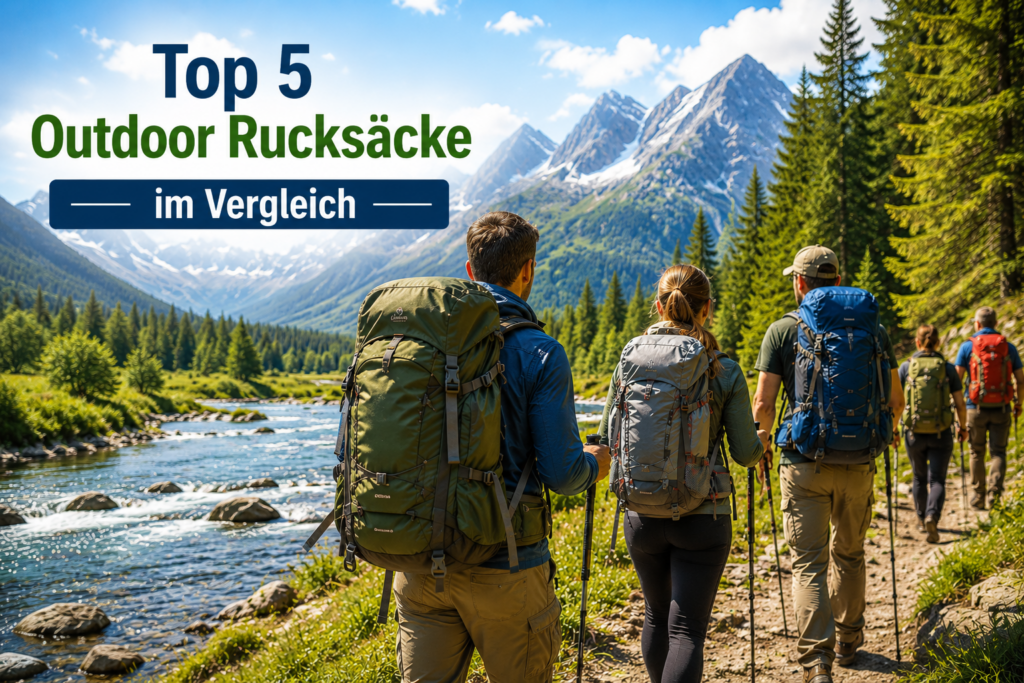 Wanderer mit Outdoor Rucksäcken auf Waldweg mit Bergen und Fluss im Hintergrund
