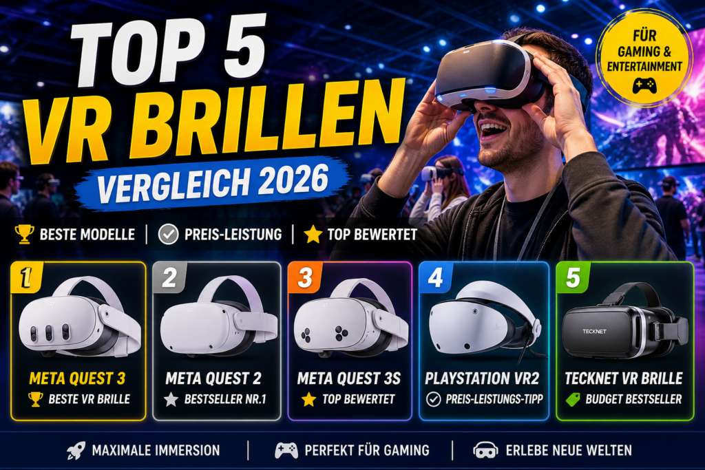 Top 5 VR Brillen 2026 im Vergleich mit Gaming Szene und VR Headset im Einsatz