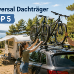 Universal Dachträger mit Fahrrädern auf einem Campingplatz am See