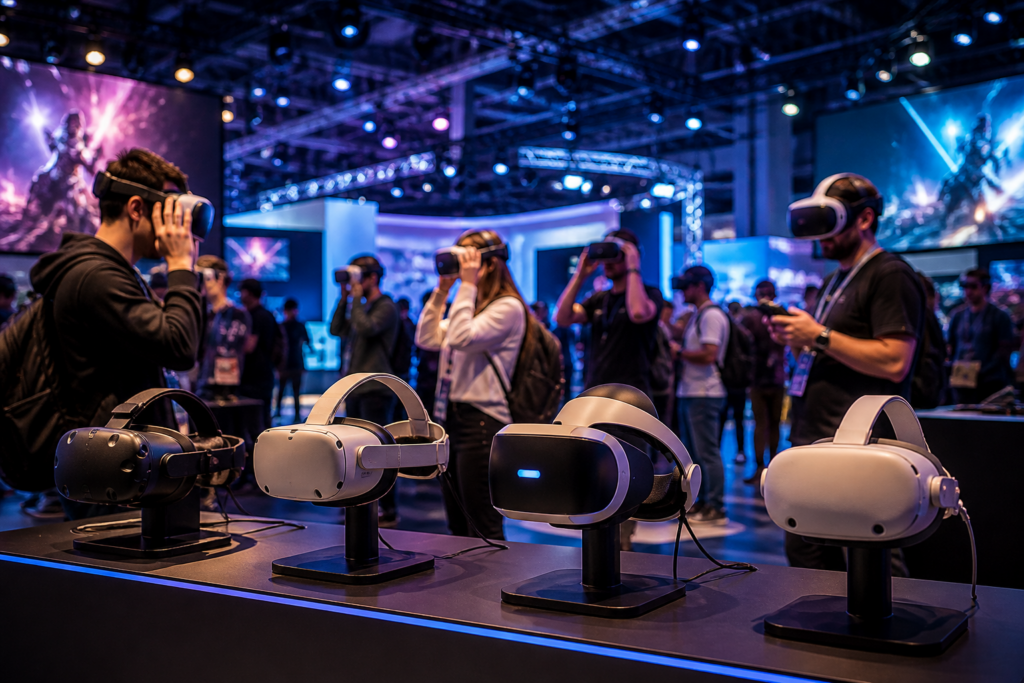 VR Brillen auf Gaming Messe Ausstellung mit Besuchern im Hintergrund beim Testen verschiedener VR Headsets