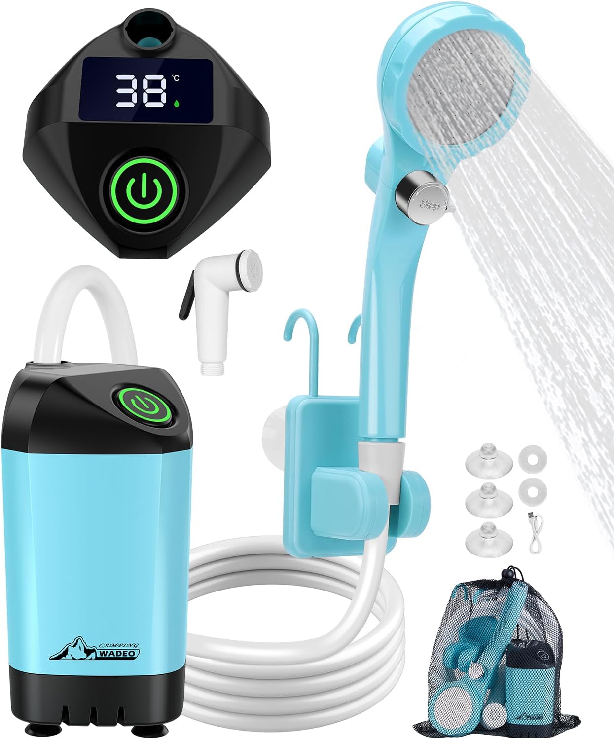 WADEO Campingdusche mit Akku und Pumpe für Camping und Outdoor Reisen