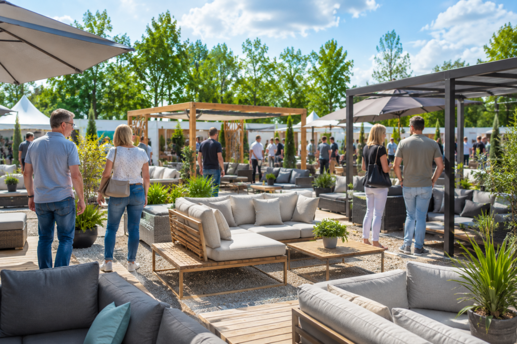 Aldi Garten Sofa Alternativen auf einer Outdoor-Messe mit verschiedenen Garten-Sofas und Lounge-Möbeln im Vergleich