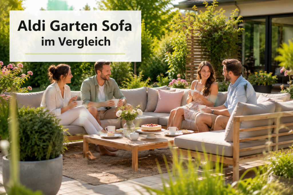 Aldi Garten Sofa im Vergleich – Freunde genießen Kaffee und Kuchen auf einem gemütlichen Garten-Sofa bei sonnigem Wetter