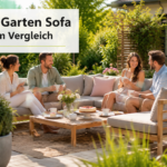Aldi Garten Sofa im Vergleich – Freunde genießen Kaffee und Kuchen auf einem gemütlichen Garten-Sofa bei sonnigem Wetter