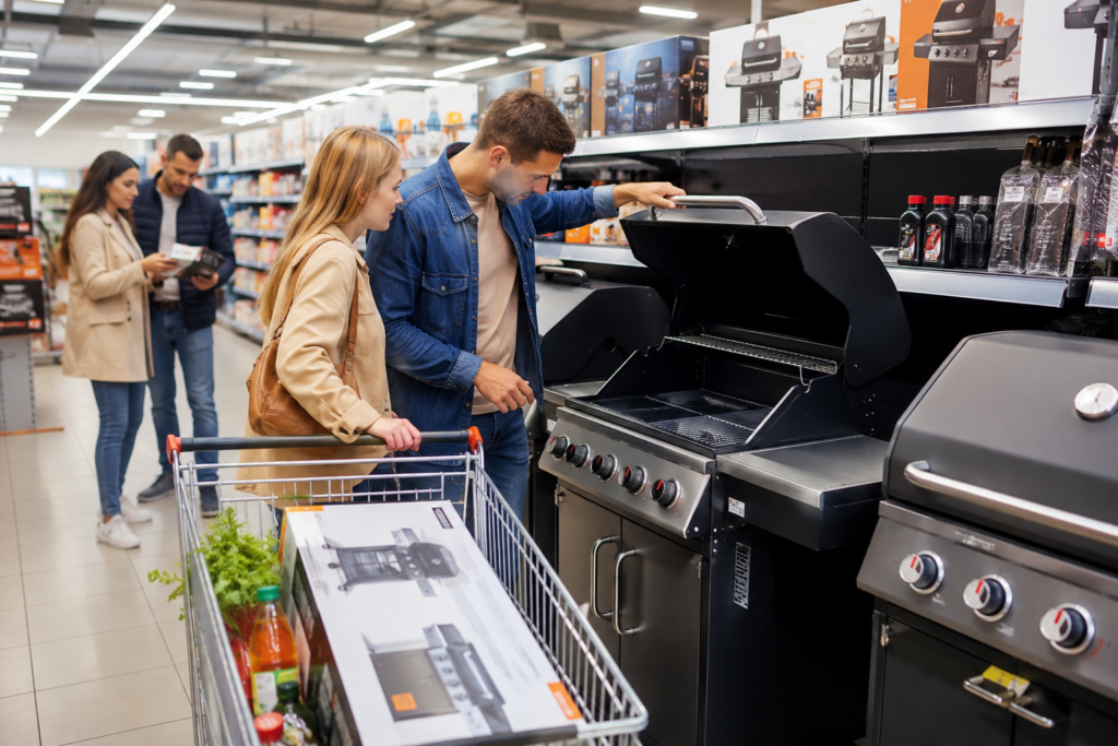 Aldi Gasgrill Angebot im Discounter mit Kunden vor Gasgrills und Gasgrill im Einkaufswagen