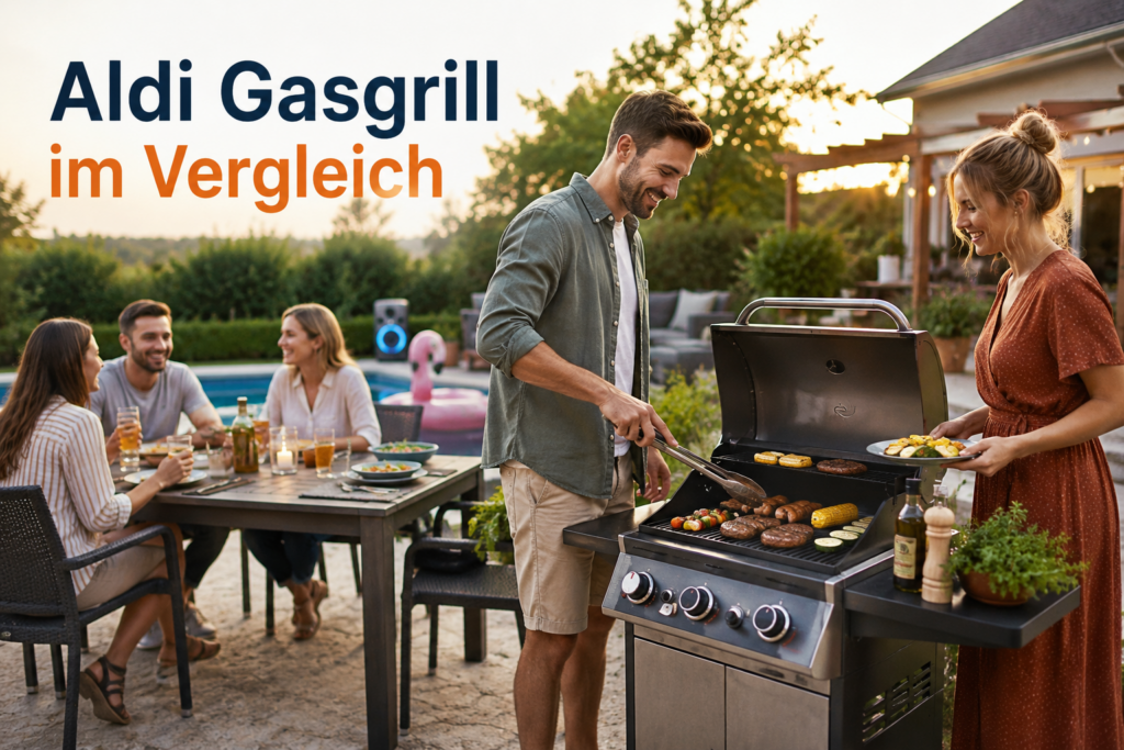 Aldi Gasgrill im Vergleich bei einem Grillabend mit Freunden im Garten, Pool und Bluetooth Lautsprecher im Hintergrund