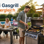 Aldi Gasgrill im Vergleich bei einem Grillabend mit Freunden im Garten, Pool und Bluetooth Lautsprecher im Hintergrund