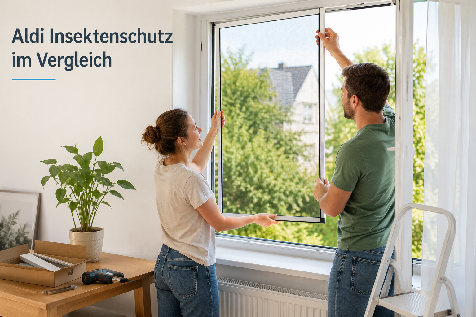 Aldi Insektenschutz im Vergleich – Bewohner montieren einen Insektenschutz am Fenster und bereiten ihr Zuhause auf die Insektensaison vor