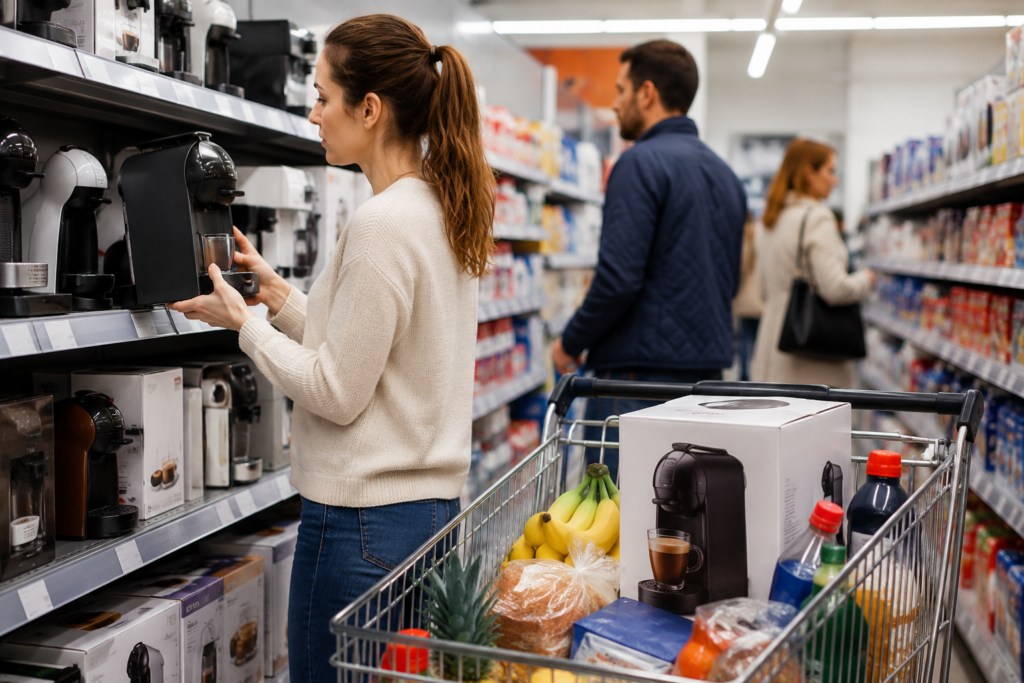 Aldi Kapselkaffeemaschine im Discounterregal während Kunden verschiedene Modelle vergleichen und eine verpackte Kaffeemaschine im Einkaufswagen liegt