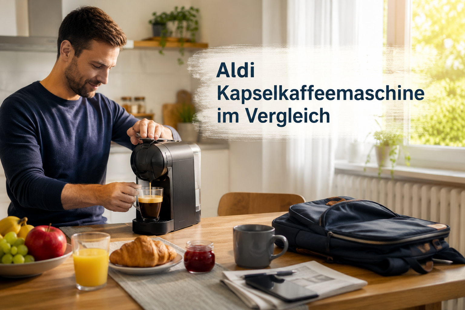 Aldi Kapselkaffeemaschine im Vergleich bei der morgendlichen Kaffeezubereitung am Frühstückstisch mit vorbereitetem Arbeitsrucksack