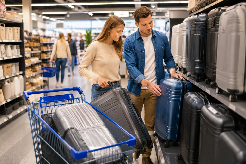 Aldi Kofferset im Discounter Aldi Kofferset im Discounter – Kunden vergleichen Koffer und Koffersets, während Reisegepäck im Einkaufswagen liegt