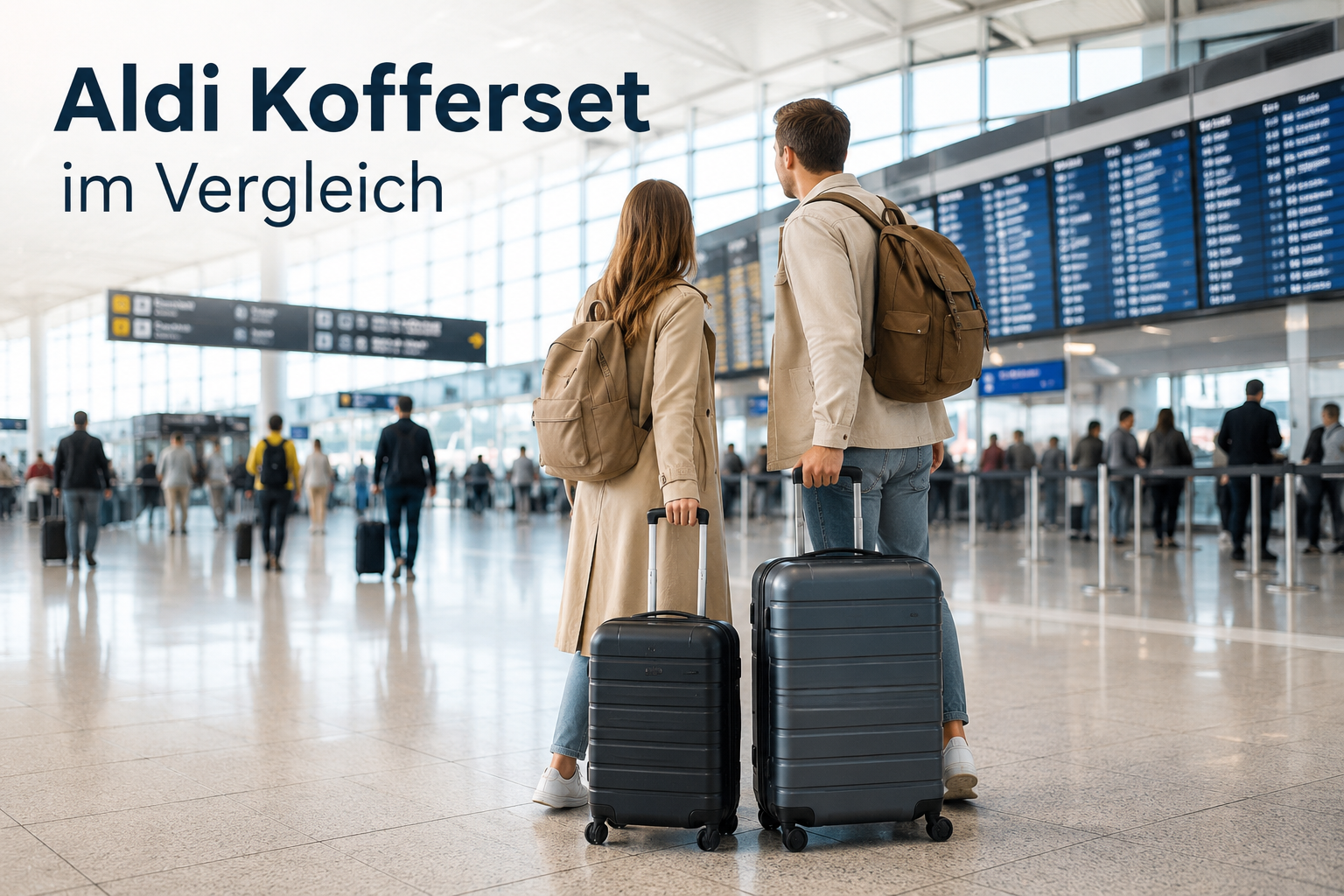 Aldi Kofferset im Vergleich – Reisende stehen mit verschiedenen Koffern und Koffersets am Flughafen vor dem Abflug