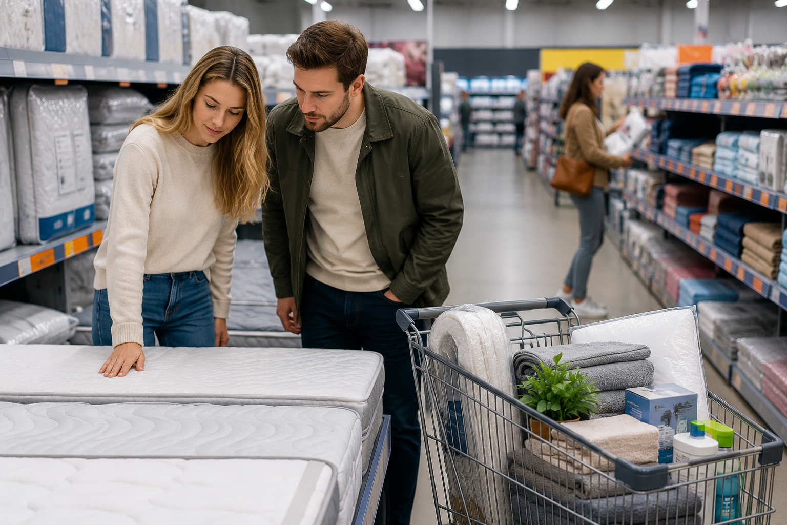 Aldi Komfortschaummatratze im Vergleich – Kunden begutachten Matratzen im Discounter während weitere Schlafprodukte und Einkäufe im Einkaufswagen liegen.