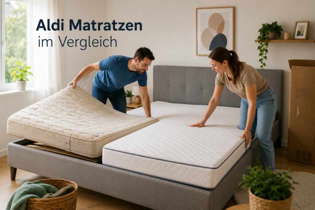 Aldi Matratzen im Vergleich – ein Paar tauscht im Schlafzimmer eine alte Matratze gegen eine neue Komfortschaummatratze aus.
