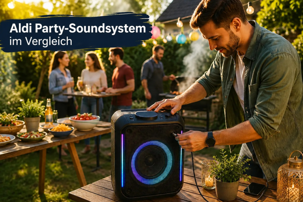 Aldi Party-Soundsystem im Vergleich bei der Vorbereitung einer Gartenparty mit angeschlossener Musikbox und laufendem Grill im Hintergrund