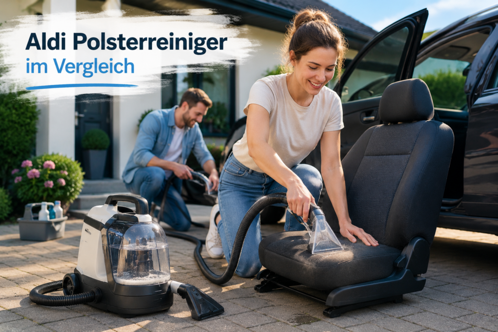Aldi Polsterreiniger im Vergleich bei der Reinigung von Autositzen vor dem Haus