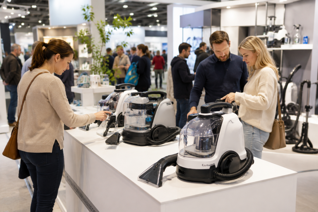 Aldi Polsterreiniger und weitere Reinigungsgeräte auf einer Haushaltsmesse im Besucherbereich