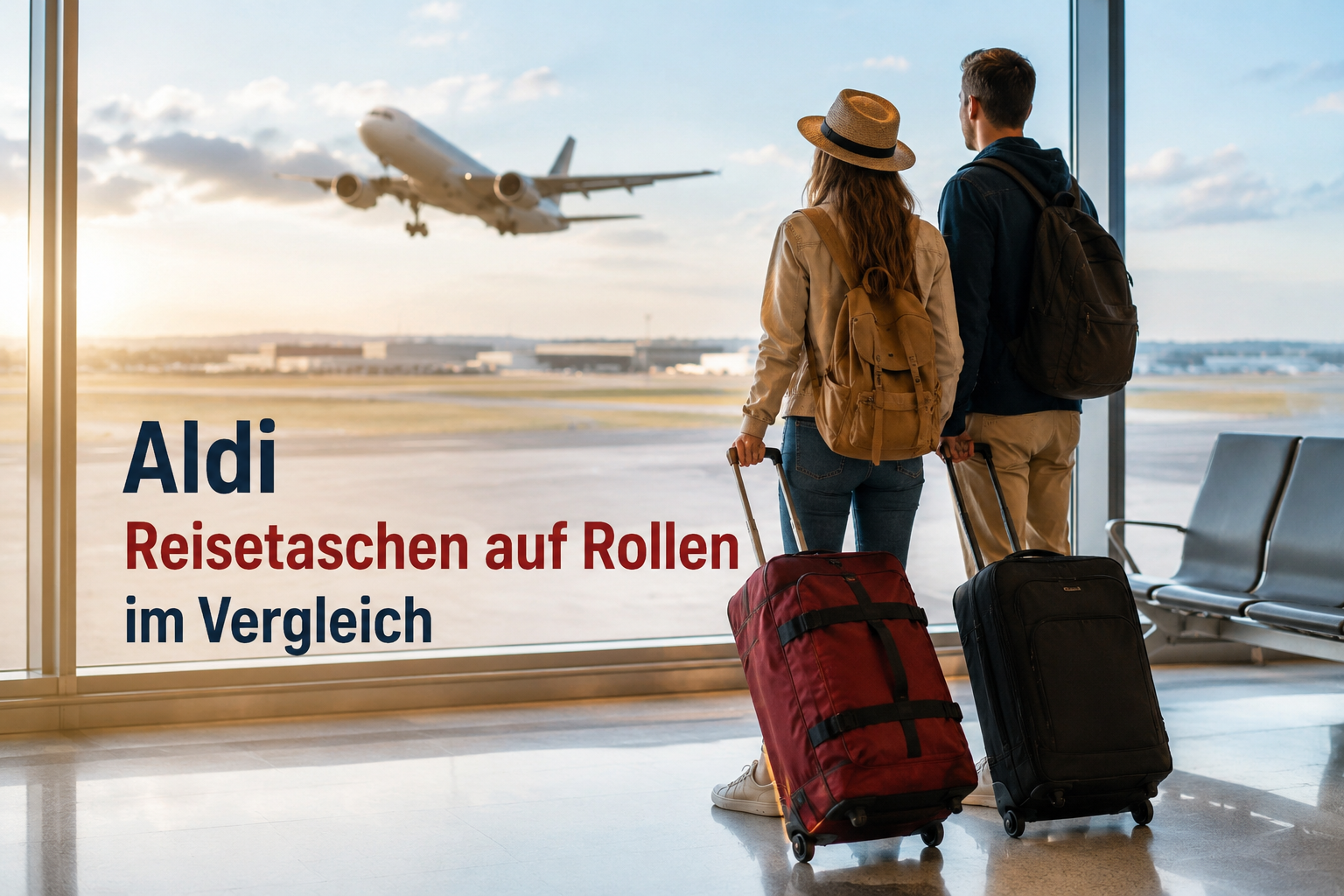 Aldi Reisetaschen auf Rollen im Vergleich – Reisende stehen mit Reisetaschen auf Rollen am Flughafen, während im Hintergrund ein Flugzeug startet