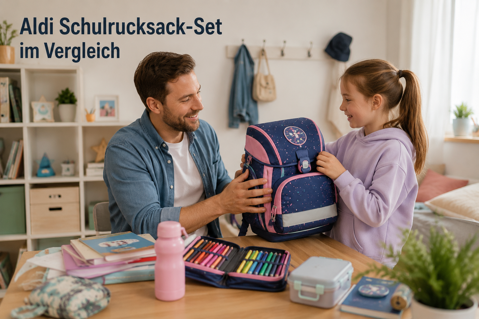 Aldi Schulrucksack-Set im Vergleich beim gemeinsamen Packen des neuen Schulrucksacks für den Schulstart