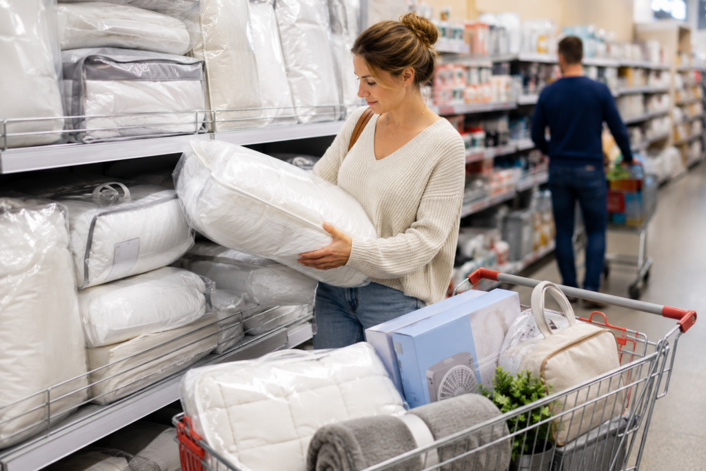 Aldi Sommer-Daunendecke 2026 im Discounter Aldi Sommer-Daunendecke im Vergleich – Kunden betrachten Daunendecken im Discounter und legen Bettwaren in den Einkaufswagen