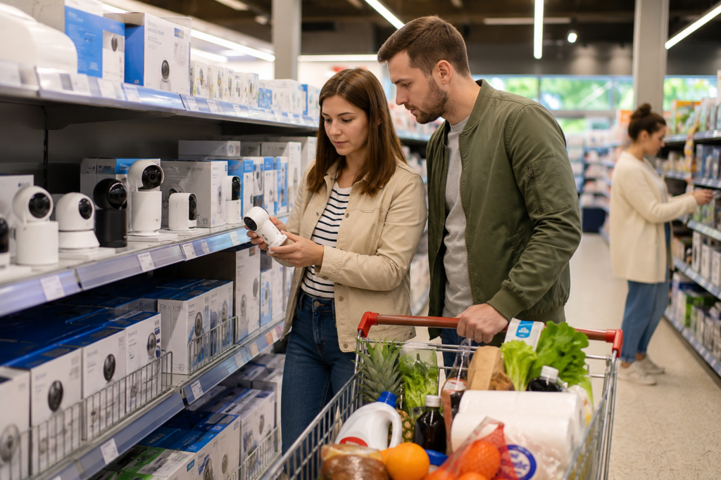 Aldi Überwachungskamera im Vergleich – Kunden betrachten Überwachungskameras im Discounterregal, während weitere Produkte im Einkaufswagen liegen