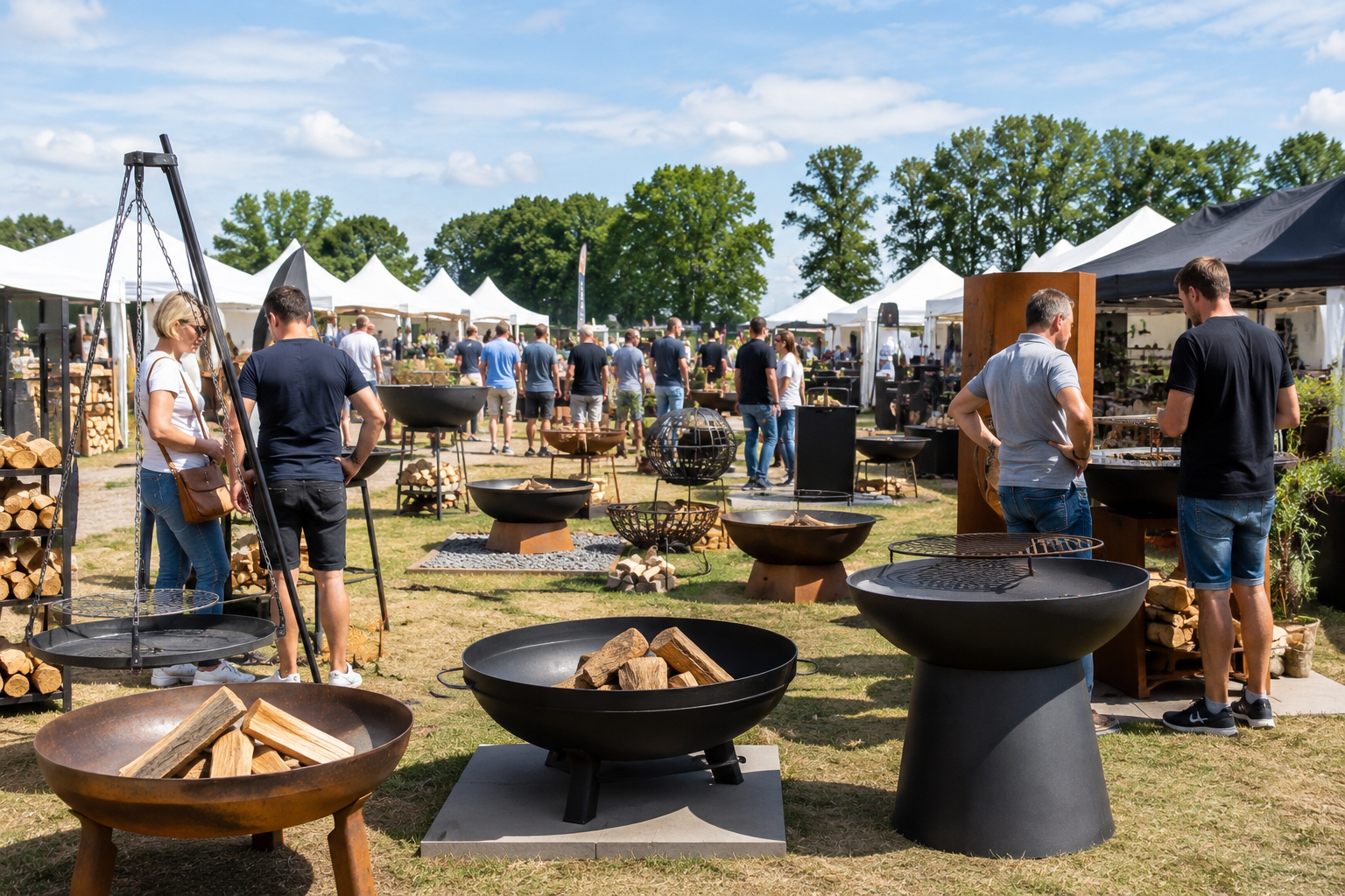 Top 5 Feuerschalen für Garten und Terrasse im Vergleich auf einer Outdoor-Messe mit Besuchern