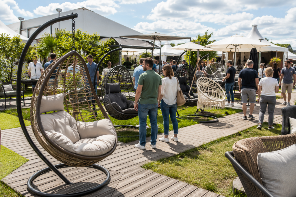 Top 5 Hängesessel im Vergleich auf einer Outdoor-Messe mit Besuchern und verschiedenen Hängesesseln im Gartenbereich