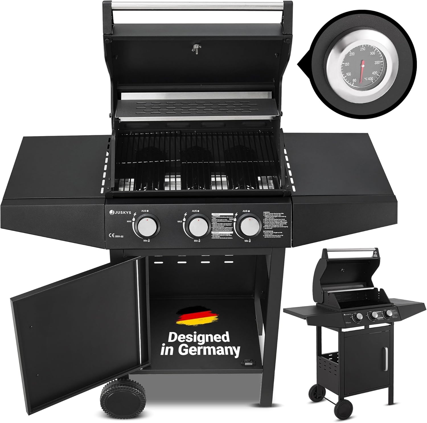Juskys Louisiana Gasgrill mit drei Brennern, Warmhalterost und Seitenablagen auf einer Terrasse