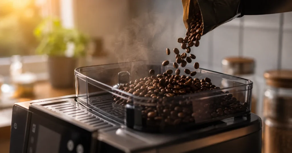 Frische Kaffeebohnen fallen in den Bohnenbehälter eines Kaffeevollautomaten