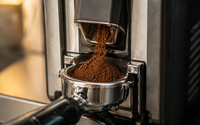Mahlwerk eines Kaffeevollautomaten mahlt frische Kaffeebohnen