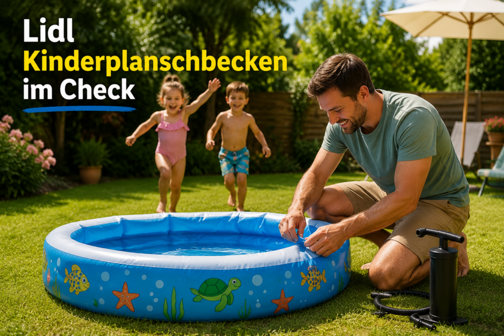 Lidl Kinderplanschbecken im Check – Käufer baut im Garten ein Planschbecken auf, während sich die Kinder auf den Badespaß freuen