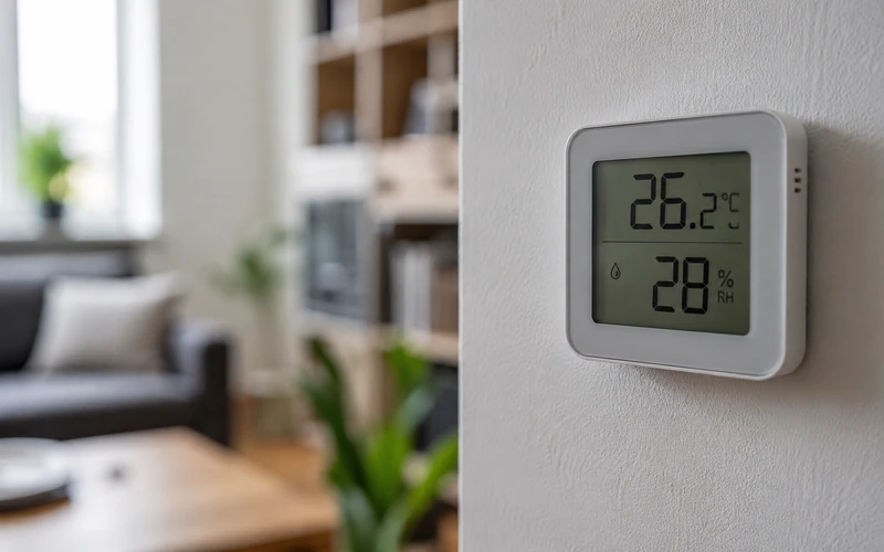 Hygrometer zeigt zu niedrige Luftfeuchtigkeit unter 30 Prozent
