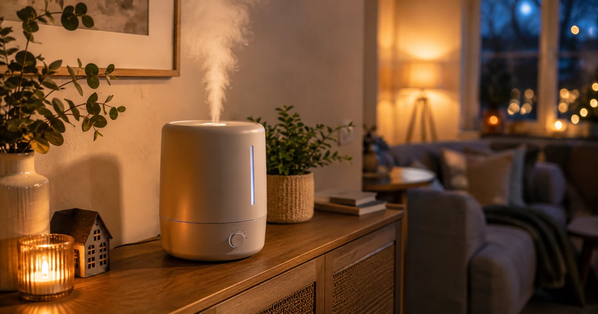 Luftbefeuchter mit feinem Nebel im Wohnzimmer bei Winteratmosphäre