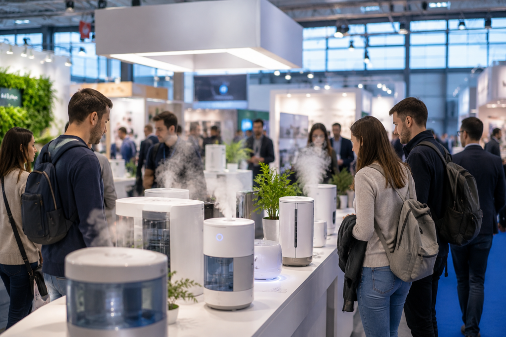 Luftbefeuchter auf einer Fachmesse für Klima- und Lüftungstechnik im Vergleich