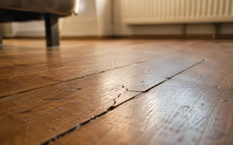 Rissiges Holzparkett durch trockene Heizungsluft im Winter
