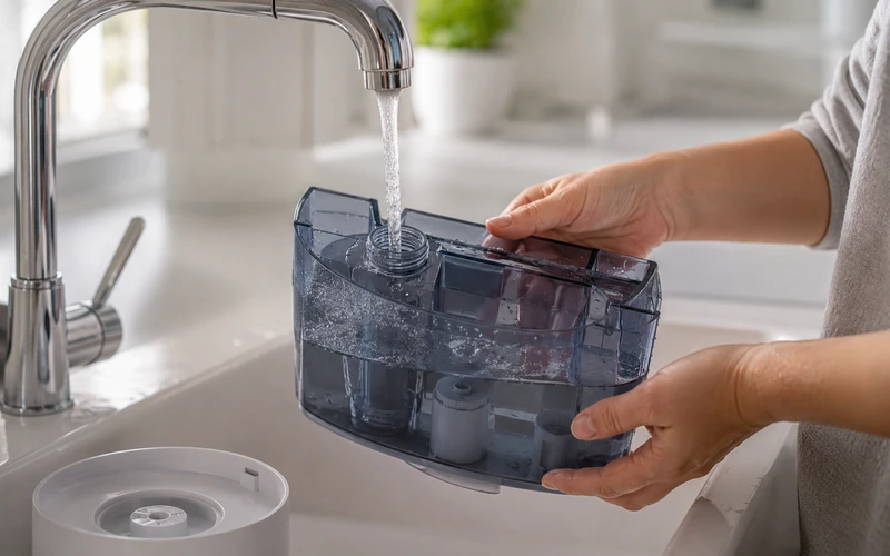 Wassertank eines Luftbefeuchters wird unter dem Wasserhahn befüllt