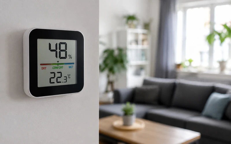 Hygrometer an der Wand zeigt Luftfeuchtigkeit im Wohnraum
