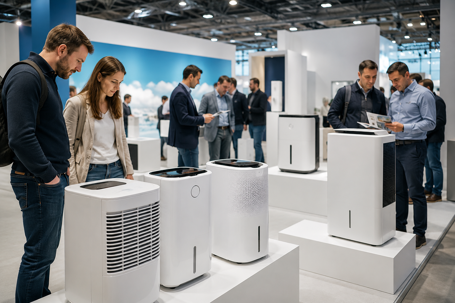 Luftentfeuchter Vergleich auf einer Klima- und Lüftungstechnik Messe Luftentfeuchter Vergleich auf einer Fachmesse für Klima- und Lüftungstechnik mit interessierten Besuchern