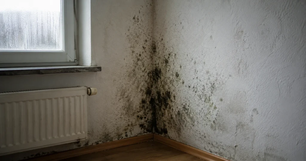 Schimmelfleck an der Wand durch zu hohe Luftfeuchtigkeit
