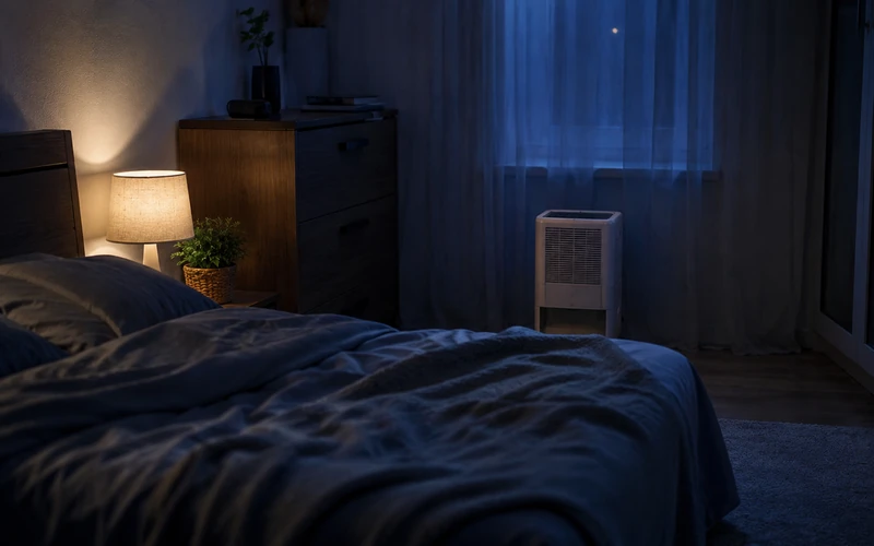 Luftentfeuchter läuft nachts leise im Schlafzimmer
