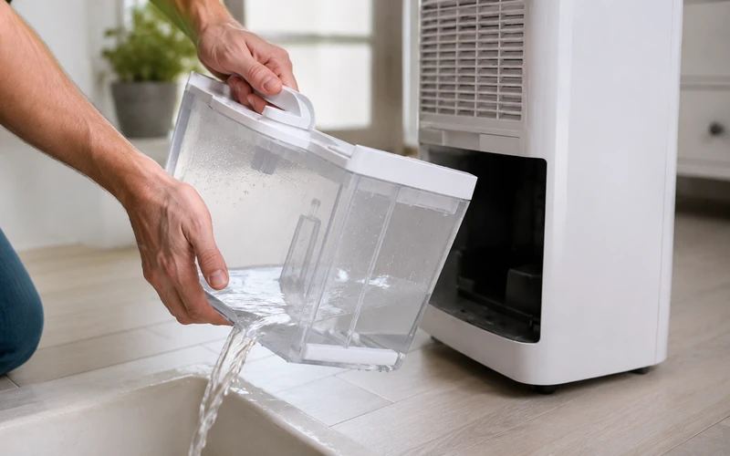 Wassertank eines Luftentfeuchters wird geleert
