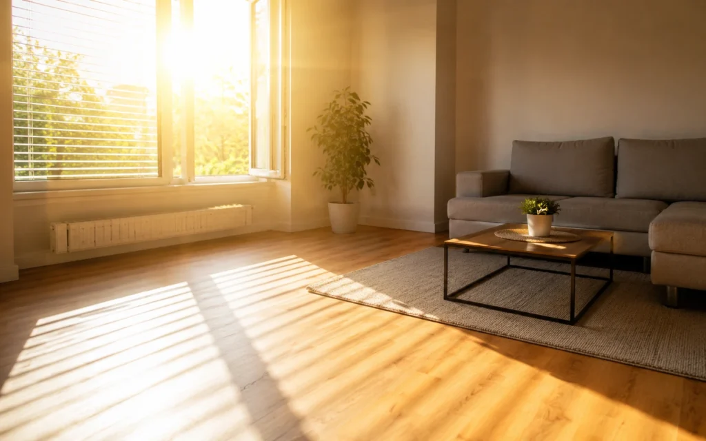 Heißer Sommertag in einer Wohnung, Sonne scheint durchs Fenster