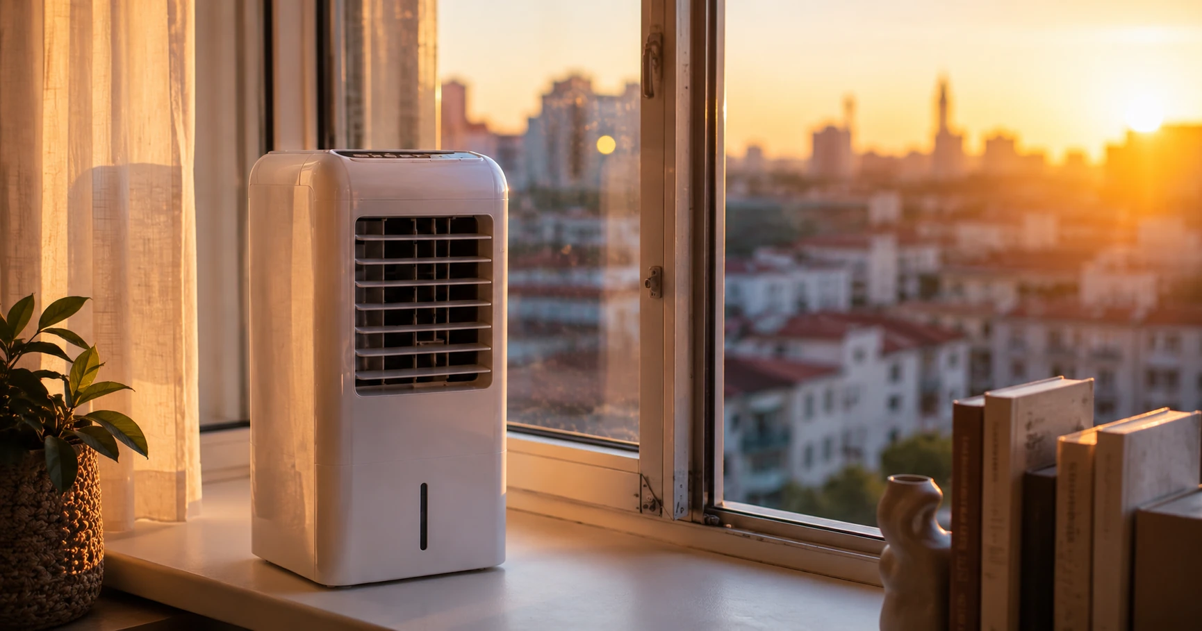 Luftkühler auf Fensterbank in einem Stadtapartment am Sommerabend